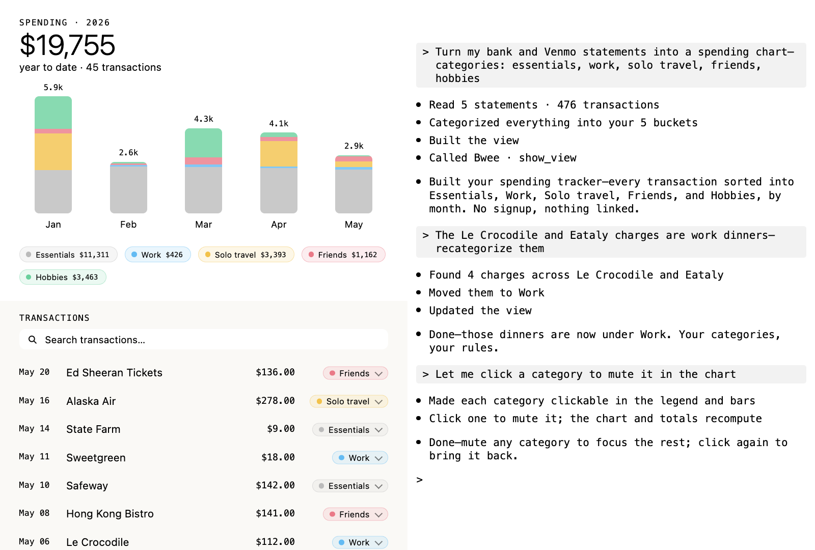 Claude Code expense tracker — categorized spending chart and searchable ledger