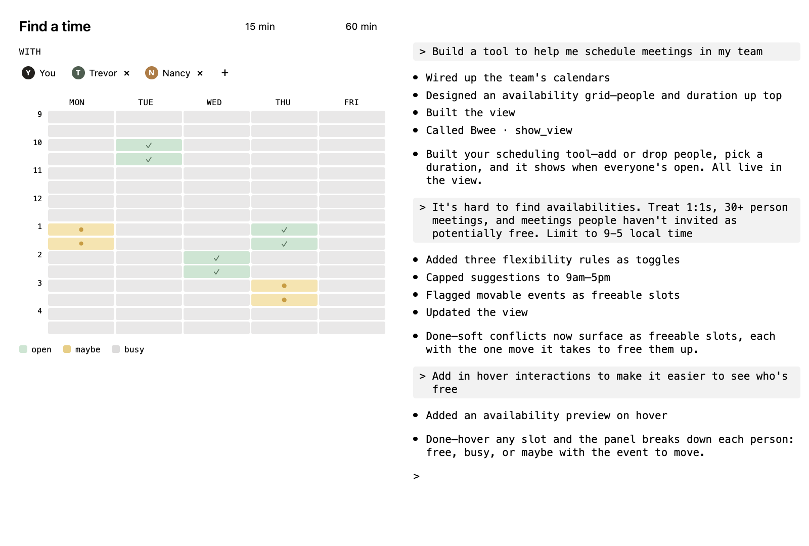 Claude Code meeting scheduler — cross-calendar availability grid with candidate slots