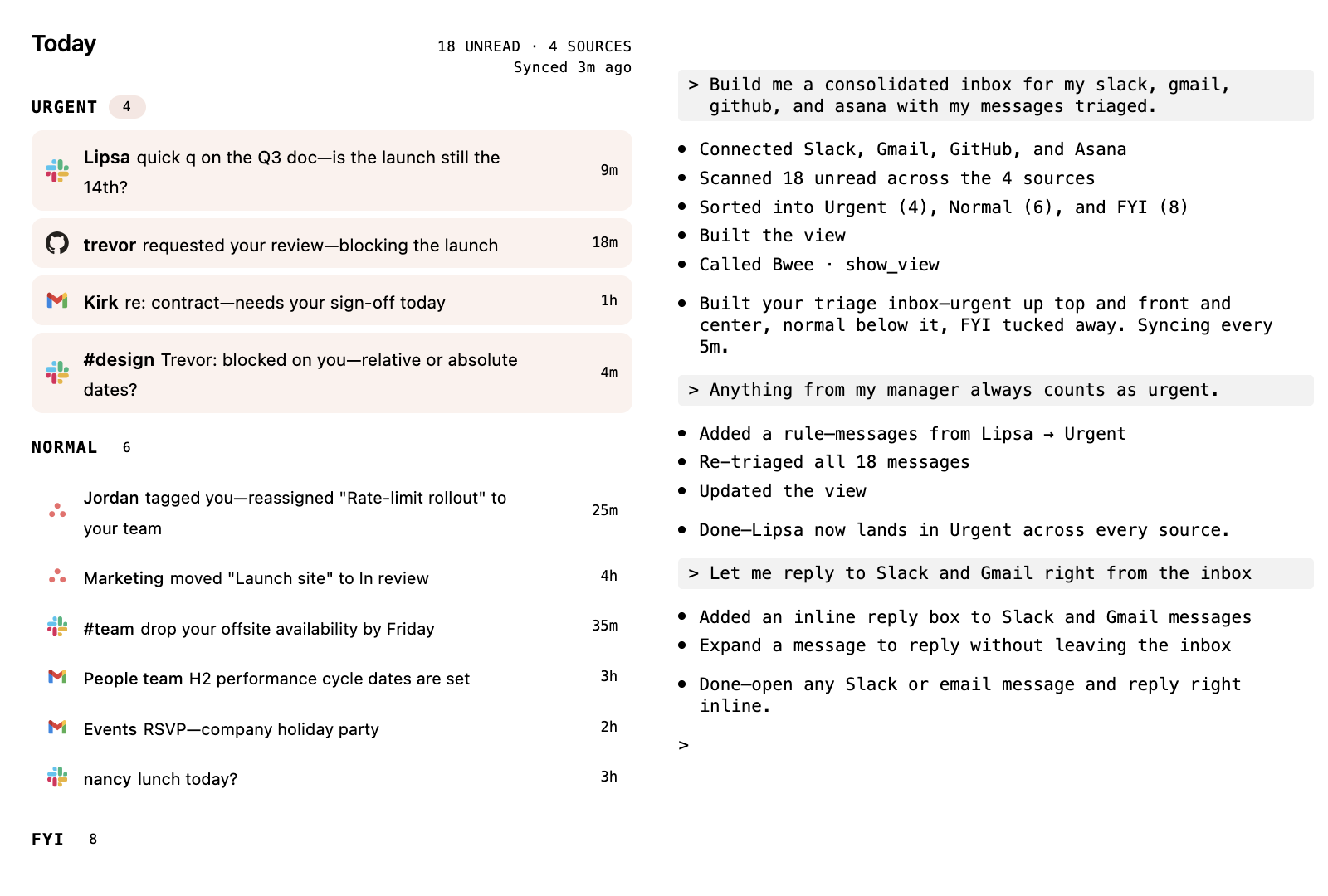 Claude Code inbox triage — Slack, Gmail, and GitHub sorted Urgent, Normal, FYI