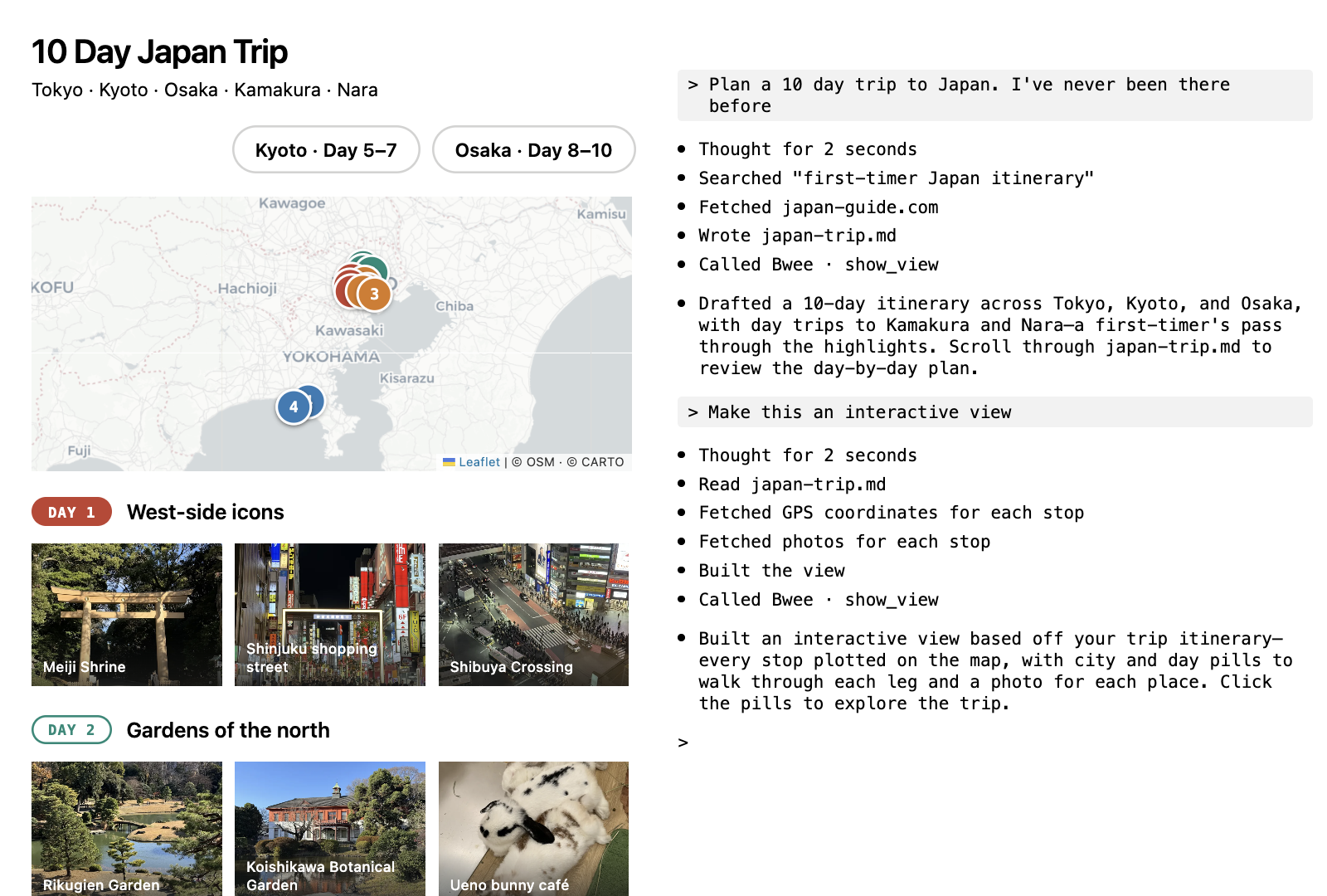 Claude Code trip planner — Japan itinerary with a mapped day-by-day route