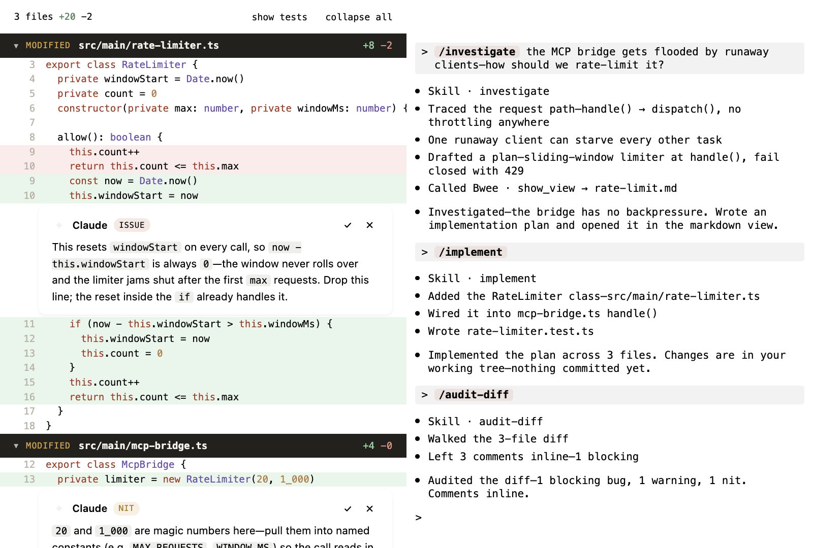 Claude Code review UI — inline issues anchored to a working-tree diff