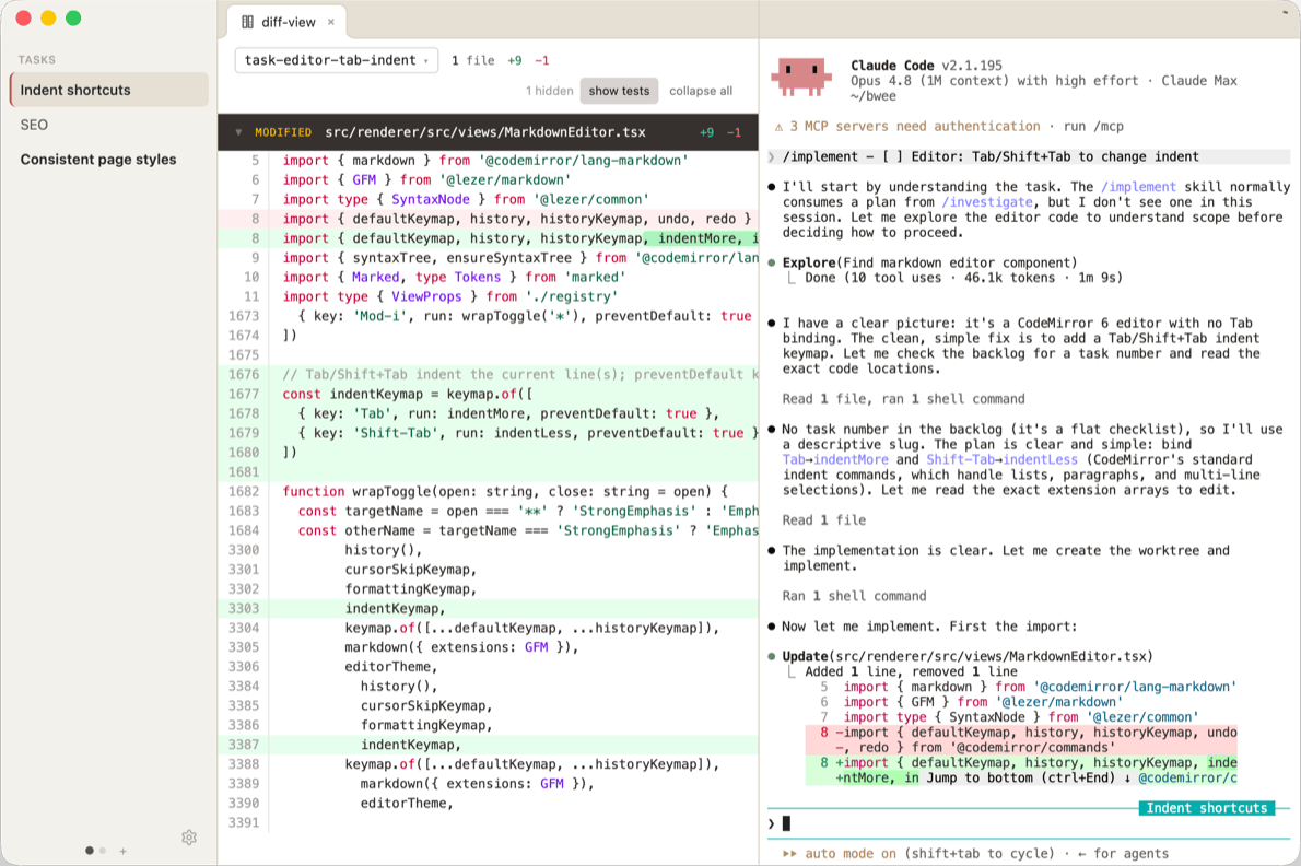 Bwee showing a code diff alongside a Claude Code session, used in place of a code editor
