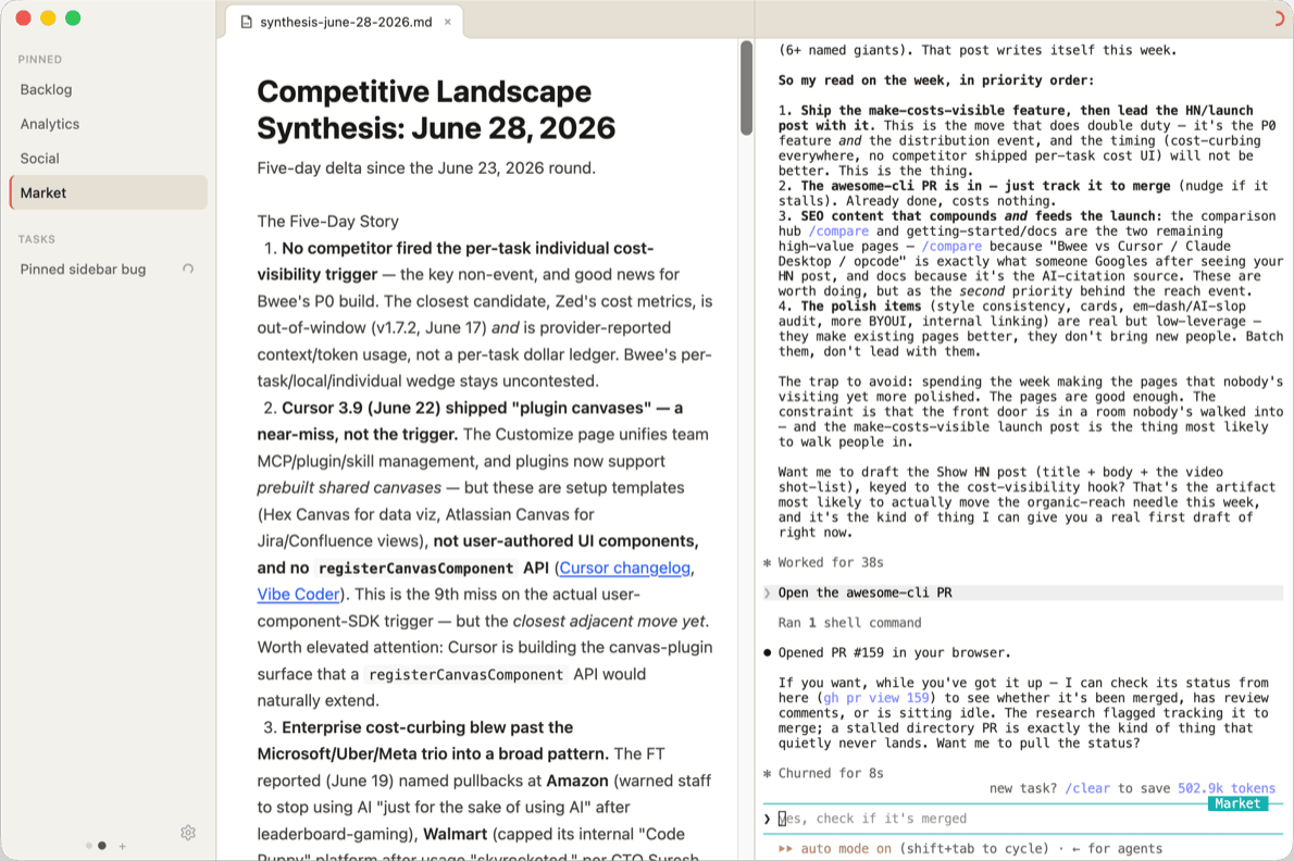 Bwee editing a markdown document beside a Claude Code session, used in place of a notes app